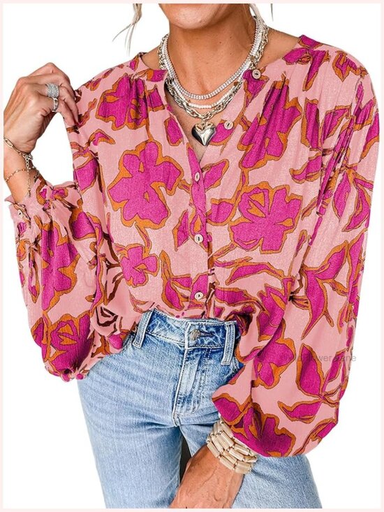 Tops - Floral Button Down Blouse Long Sleeve Boho Top Dressy Casual